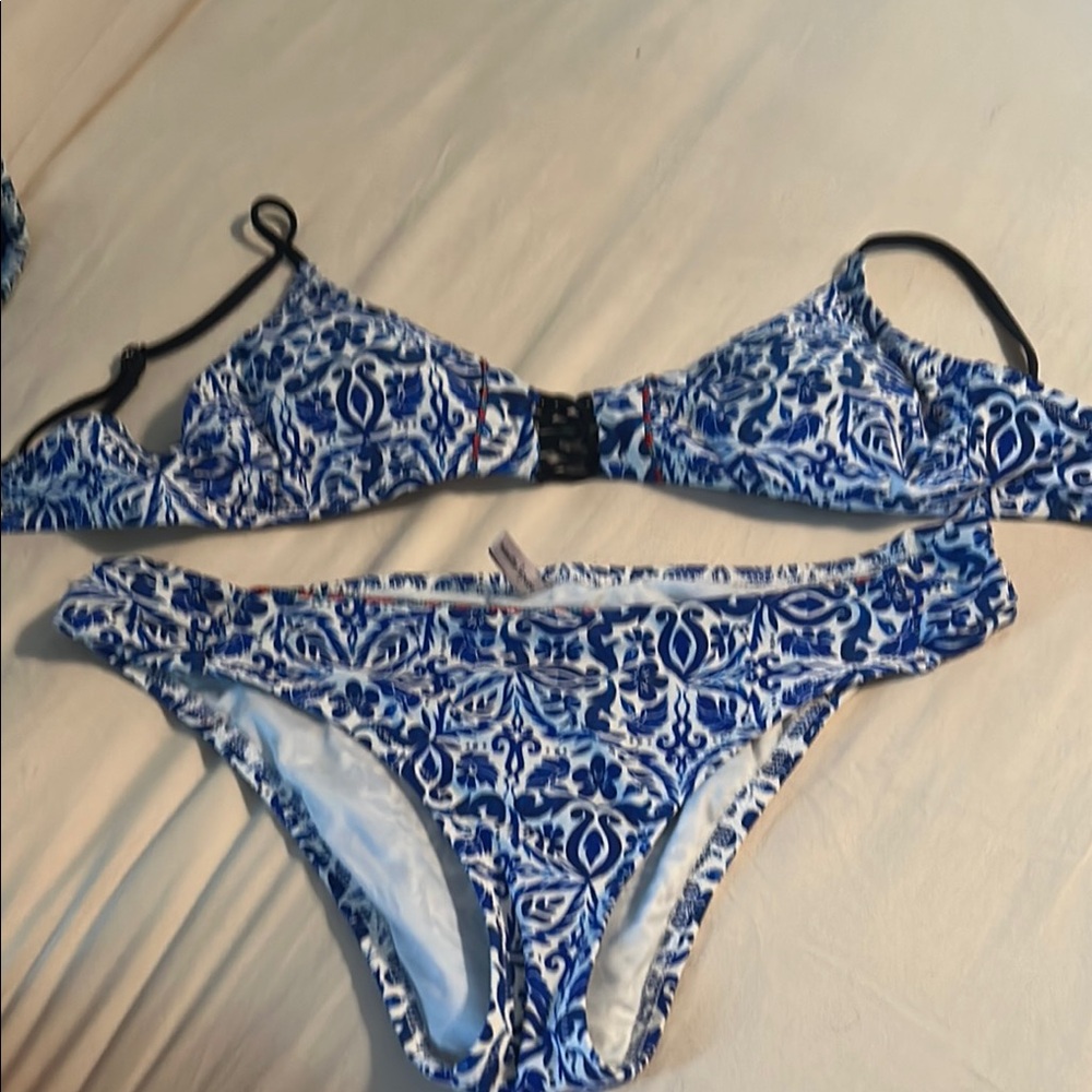 Nanette Lepore Blue and Black Bikini with Ruffled Trim